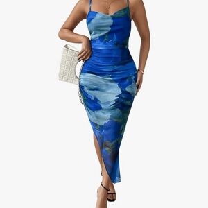 Blue Multi Colored Cowl Neck Dress